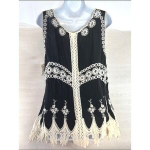 NEW Sapphire Black Cream Crochet Eyelet Fringe Sleeveless Top Small Boho Cottage